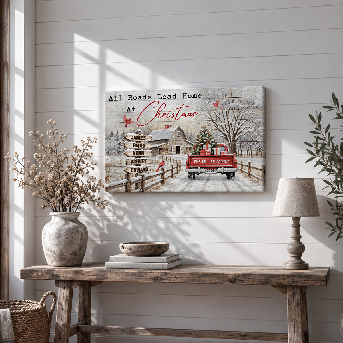Custom Family Street Sign All Roads Lead Home Christmas Barn Canvas - Personalized Wall Art