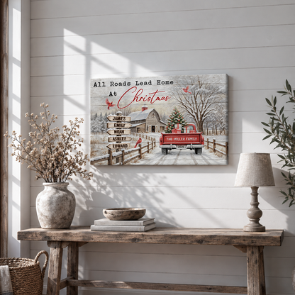 Custom Family Street Sign All Roads Lead Home Christmas Barn Canvas - Personalized Wall Art