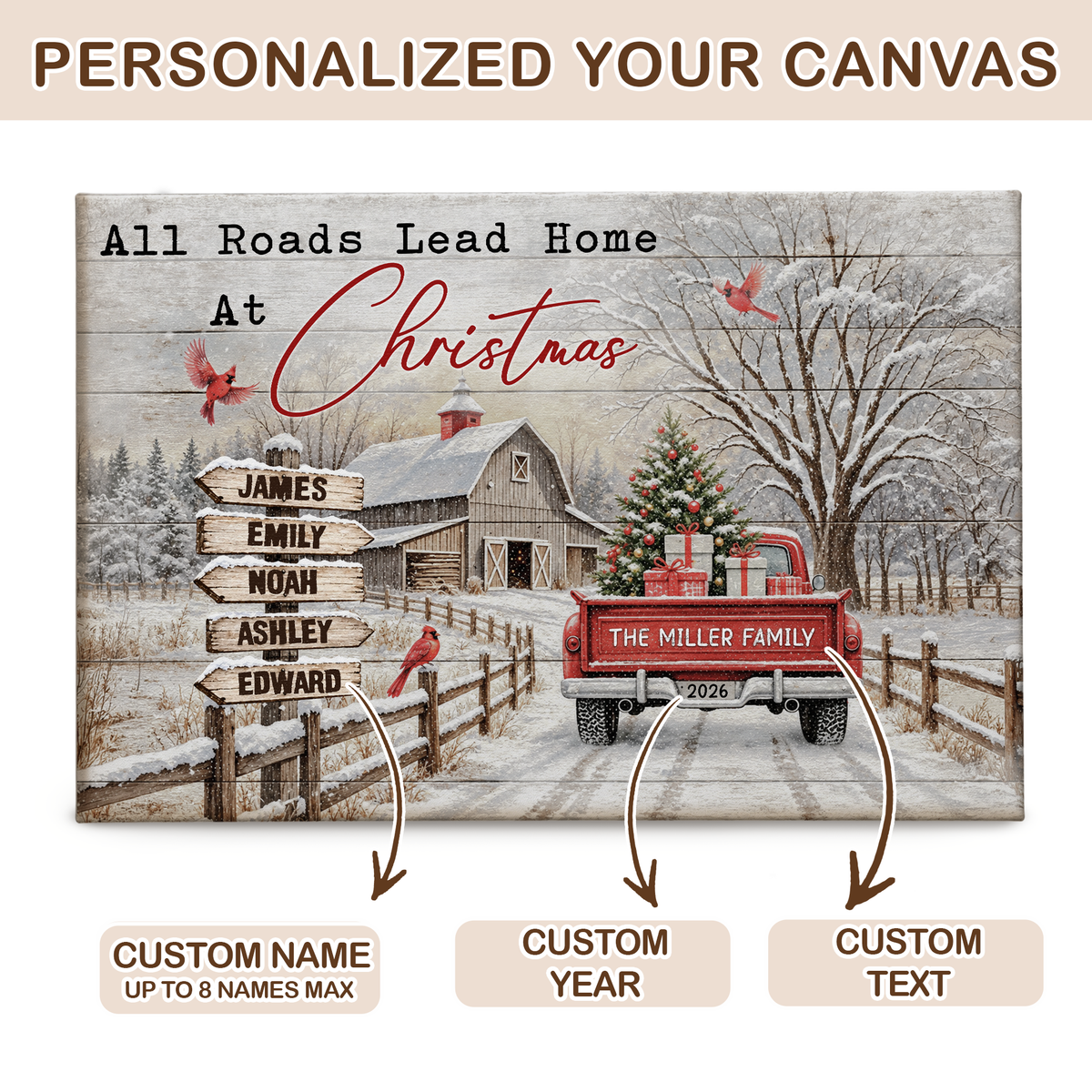 Custom Family Street Sign All Roads Lead Home Christmas Barn Canvas - Personalized Wall Art