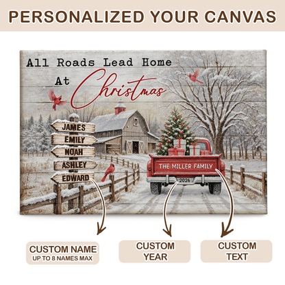 Custom Family Street Sign All Roads Lead Home Christmas Barn Canvas - Personalized Wall Art