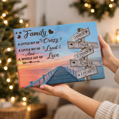 Custom Family Street Sign A Little Bit of Crazy Pier Sunset Canvas - Personalized Wall Art