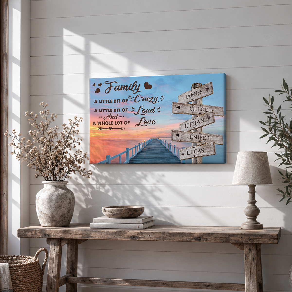 Custom Family Street Sign A Little Bit of Crazy Pier Sunset Canvas - Personalized Wall Art