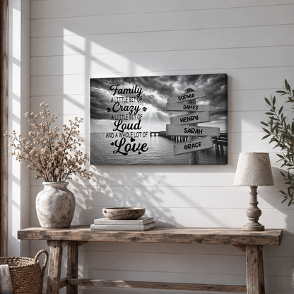 Custom Family Street Sign A Little Bit of Crazy Black and White Canvas - Personalized Wall Art