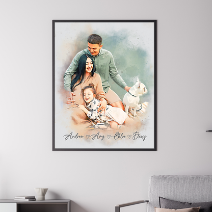 Custom Photo Watercolor Mom and Baby Portrait with Names Canvas - Personalized Wall Art