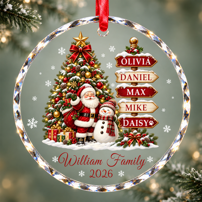 Family Tree Christmas Ornament with Names - Personalized Glass Ornament - Decorated Tree Red Signs Round or Heart