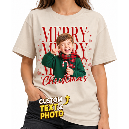 Custom Photo Matching Family Christmas Shirts with Merry Merry Text - Personalized Photo Shirt