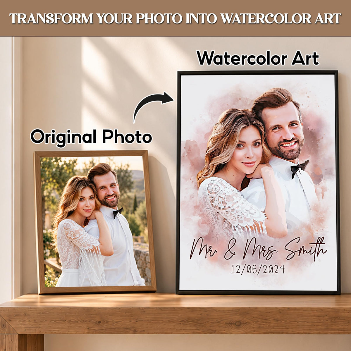 Custom Photo Watercolor Wedding Portrait Mr and Mrs with Date - Personalized Wrapped Canvas
