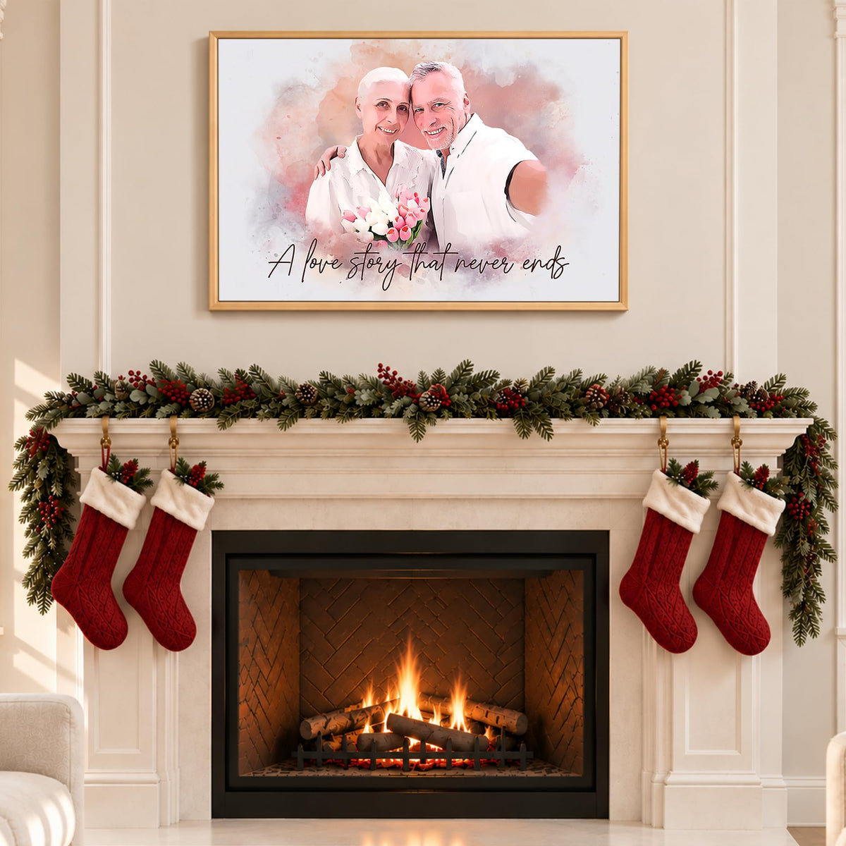 Custom Photo Watercolor Wedding Portrait Mr and Mrs with Date - Personalized Wrapped Canvas