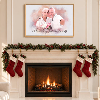 Custom Photo Watercolor Wedding Portrait Mr and Mrs with Date - Personalized Wrapped Canvas