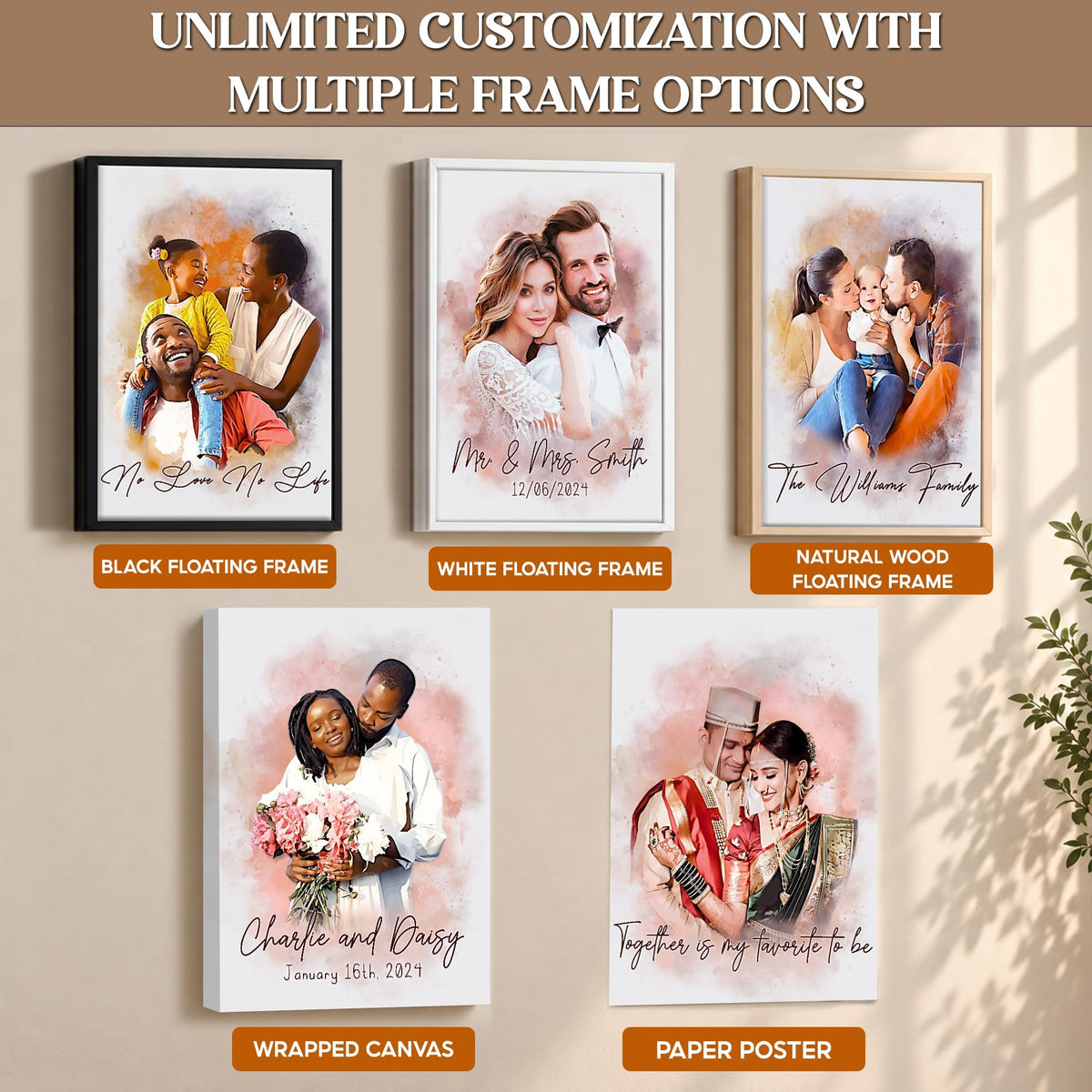 Custom Photo Watercolor Wedding Portrait Mr and Mrs with Date - Personalized Wrapped Canvas