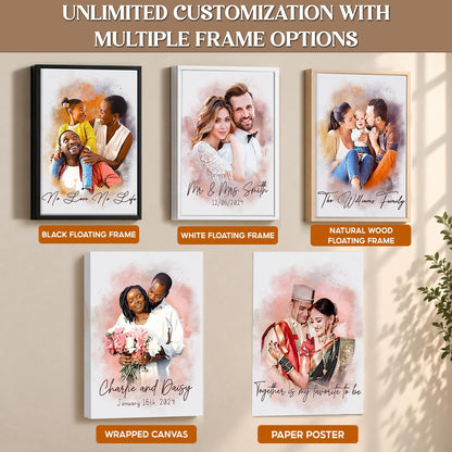 Custom Photo Watercolor Wedding Portrait Mr and Mrs with Date - Personalized Wrapped Canvas