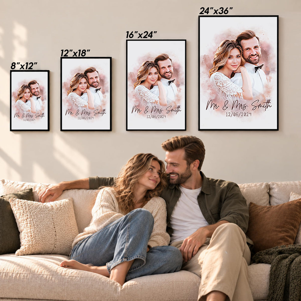Custom Photo Watercolor Wedding Portrait Mr and Mrs with Date - Personalized Wrapped Canvas
