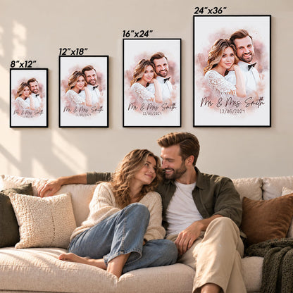 Custom Photo Watercolor Wedding Portrait Mr and Mrs with Date - Personalized Wrapped Canvas