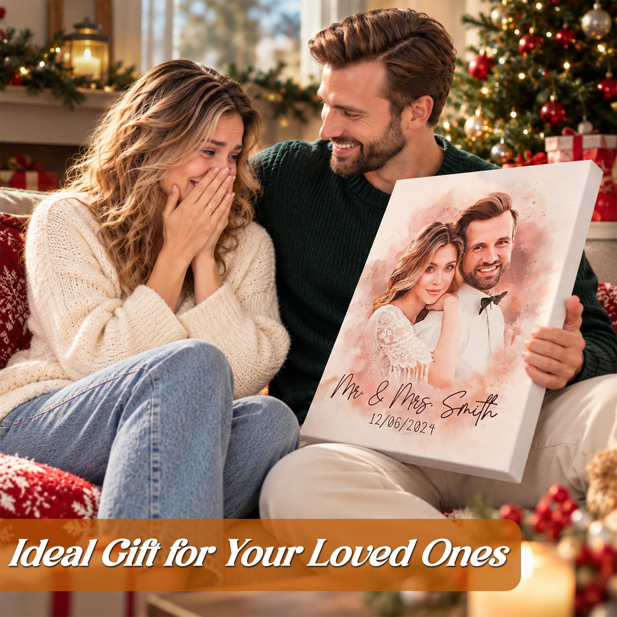 Custom Photo Watercolor Wedding Portrait Mr and Mrs with Date - Personalized Wrapped Canvas
